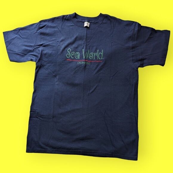 Sea World Navy Blue XL T-shirt California Ocean Sea Life Fish Embroidered Waves - Picture 1 of 6